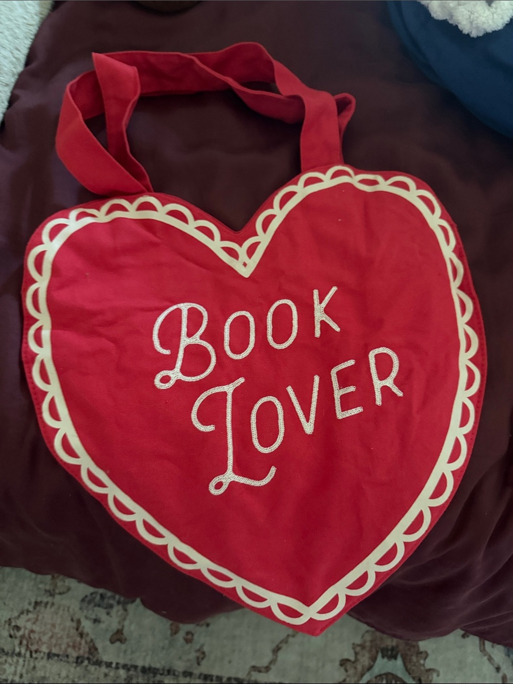 Heart-Shaped "Book Lover" Tote in Red and Cream
